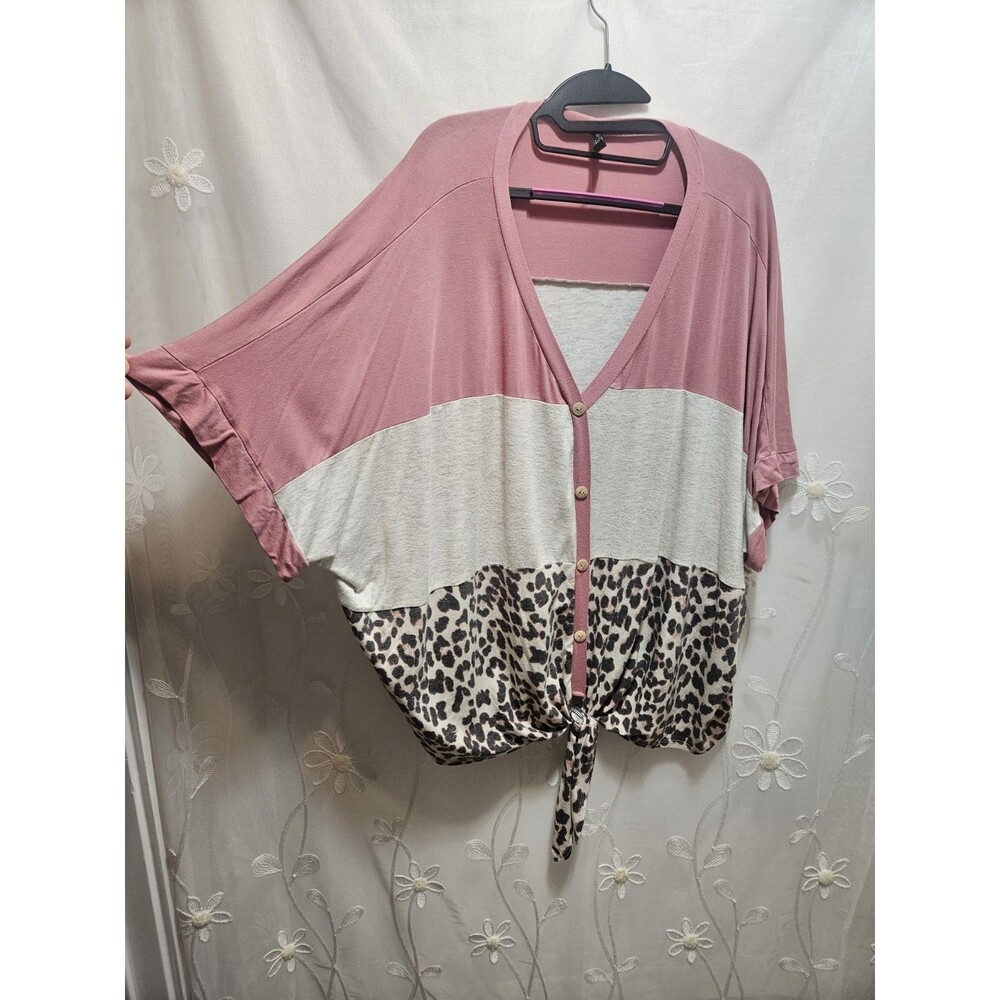 Glitzy Girlz Womens 2XL Pink Top Color Block Leopard Print Tie Front Dolman Boho